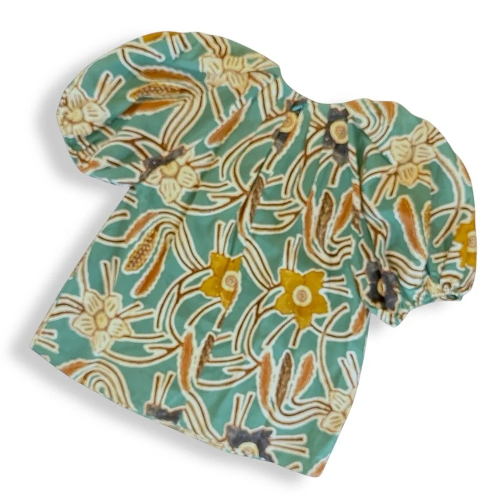 Ulla Johnson Jamilah Puff Short Sleeve‎ Silk Blouse Topaz-Navy-Tan Sz 2  EUC